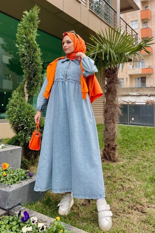 İki Cepli Fermuarlı Kot Elbise Mavi