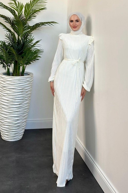 Imelda Omzu Fırfır Balık Abiye Beyaz