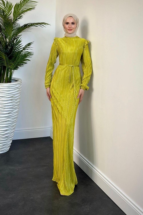 Imelda Omzu Fırfır Balık Abiye Yağ Yeşili