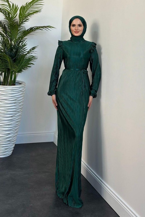 Imelda Omzu Fırfır Balık Abiye Zümrüt