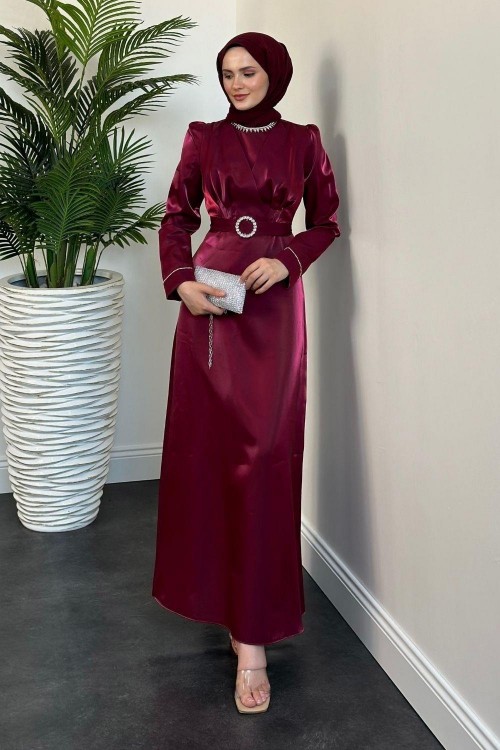 İrene Taşlı Tafta Abiye Bordo