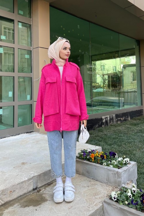 İri Cepli Tüvit Ceket Fuşya