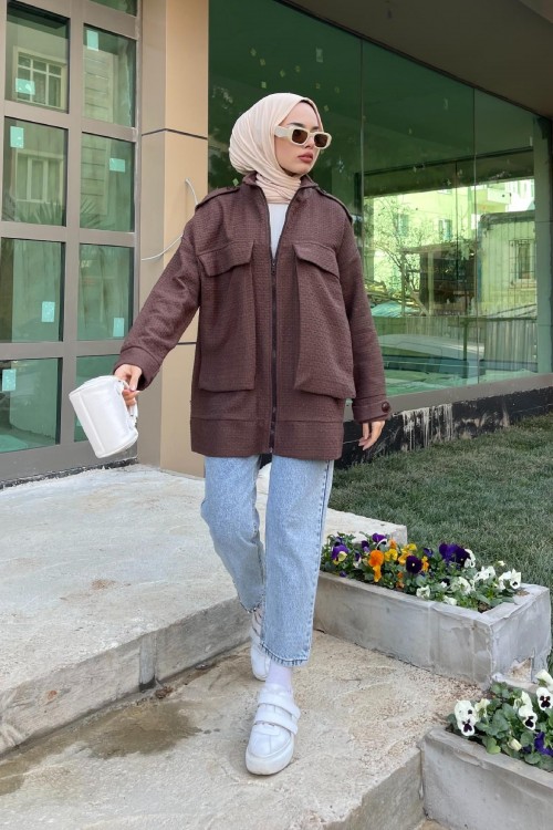 İri Cepli Tüvit Ceket Kahverengi