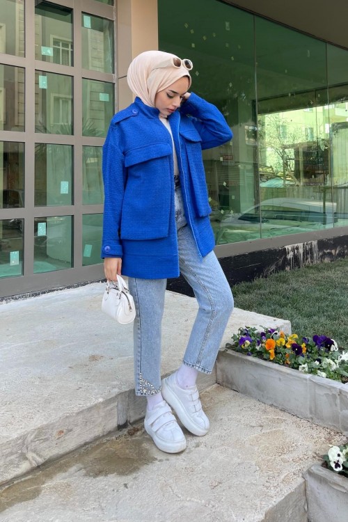 İri Cepli Tüvit Ceket Saks