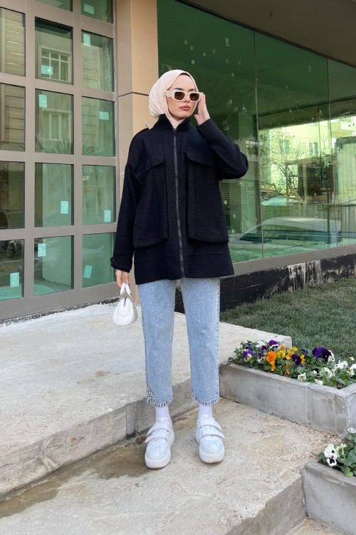 İri Cepli Tüvit Ceket Siyah