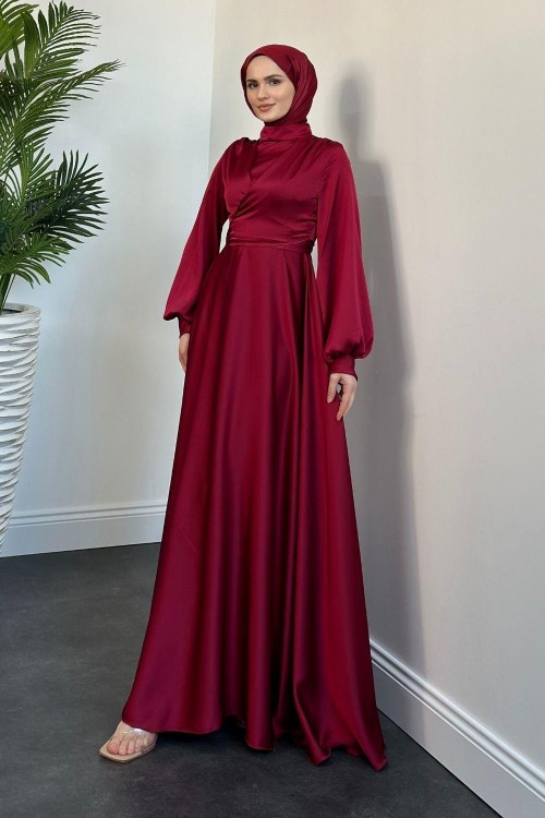 Isabella Kruvaze Detay Saten Abiye Bordo