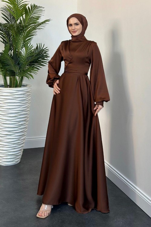 Isabella Kruvaze Detay Saten Abiye Kahverengi