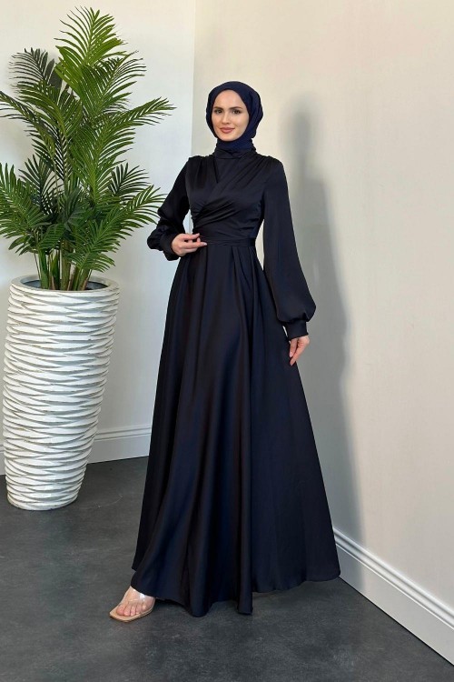 Isabella Kruvaze Detay Saten Abiye Koyu Lacivert