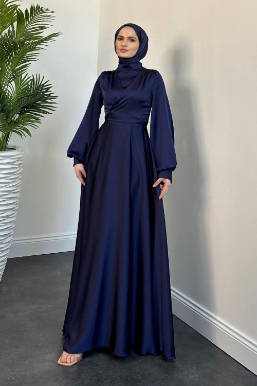 Isabella Kruvaze Detay Saten Abiye Lacivert