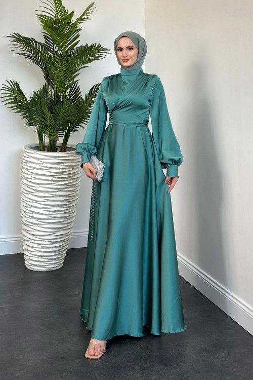 Isabella Kruvaze Detay Saten Abiye Mint Yeşili