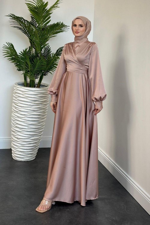 Isabella Kruvaze Detay Saten Abiye Pudra