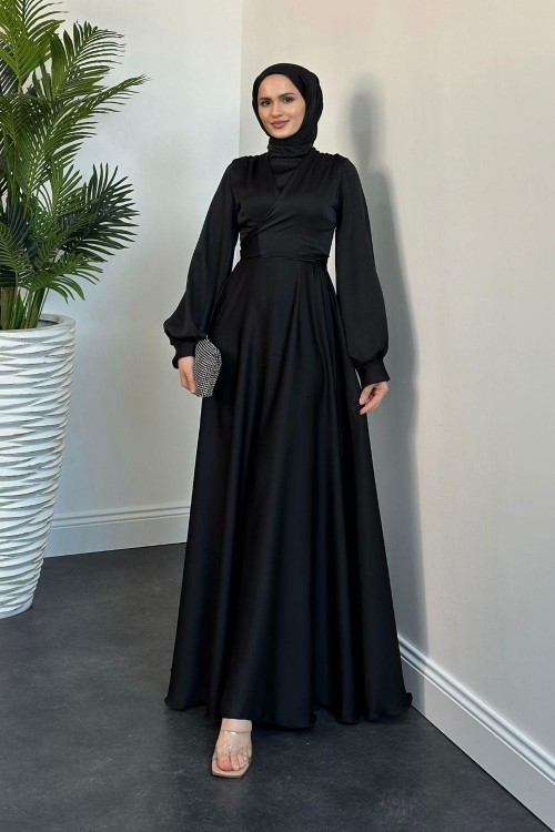 Isabella Kruvaze Detay Saten Abiye Siyah