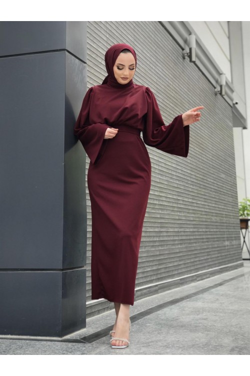 İspanyol Kol Kalem Kesim Elbise Bordo