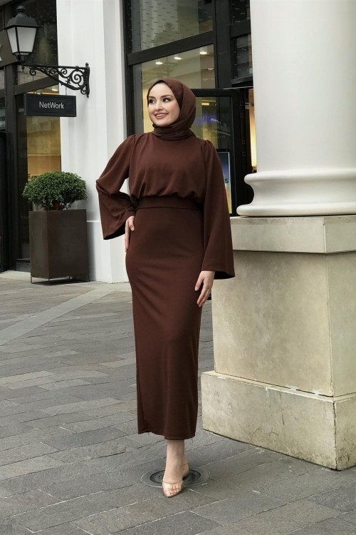 İspanyol Kol Kalem Kesim Elbise Kahverengi