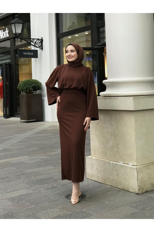 İspanyol Kol Kalem Kesim Elbise Kahverengi