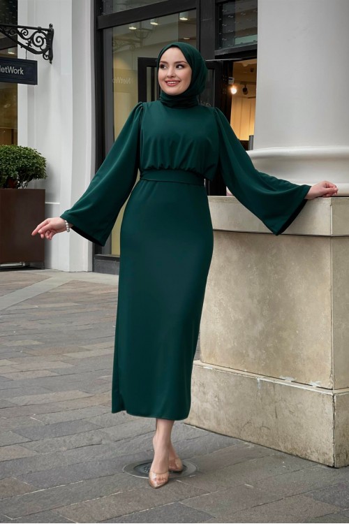 İspanyol Kol Kalem Kesim Elbise ZümrütYeşili