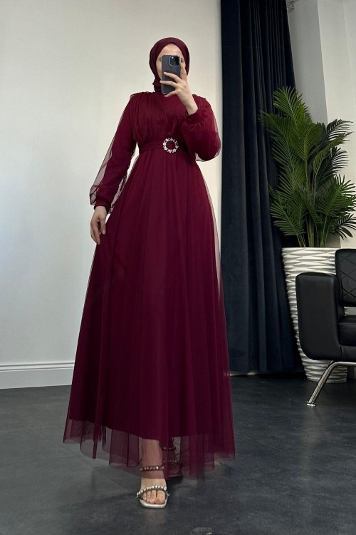 İvanka Tokalı Tül Abiye Bordo