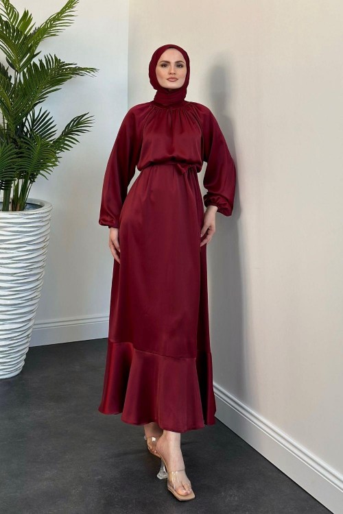 Jahan Altı Volan Saten Abiye Bordo