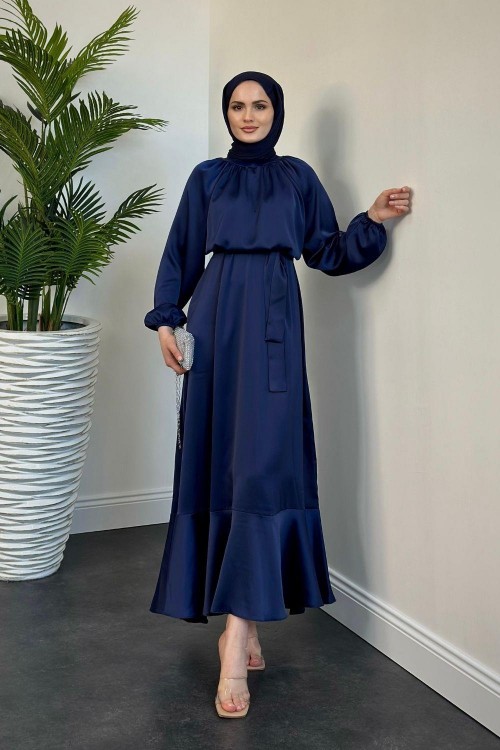 Jahan Altı Volan Saten Abiye Lacivert