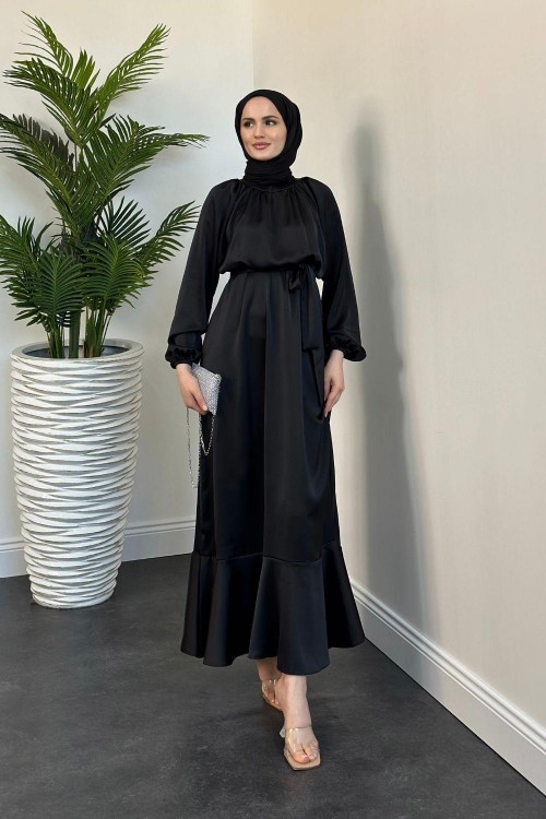 Jahan Altı Volan Saten Abiye Siyah