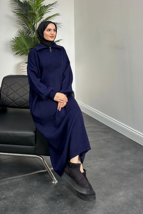 Jairo Fermuarlı Oversize Triko Elbise Lacivert