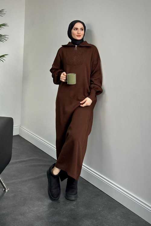 Jairo Fermuarlı Oversize Triko Elbise Kahverengi