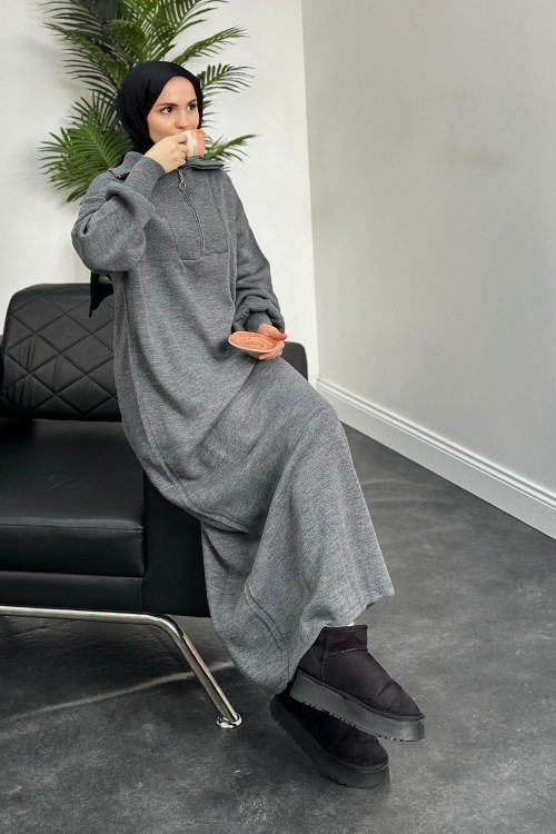 Jairo Fermuarlı Oversize Triko Elbise Gri