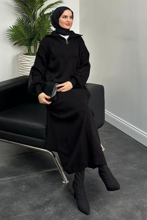 Jairo Fermuarlı Oversize Triko Elbise Siyah