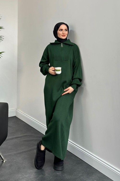 Jairo Fermuarlı Oversize Triko Elbise Zümrüt