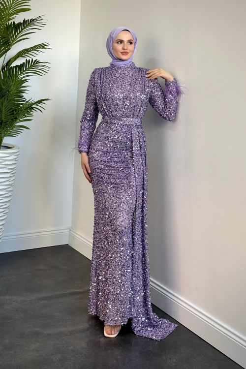 Jalen Yanı Pelerinli Payetli Balık Abiye Lila