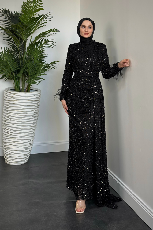 Jalen Yanı Pelerinli Payetli Balık Abiye Siyah