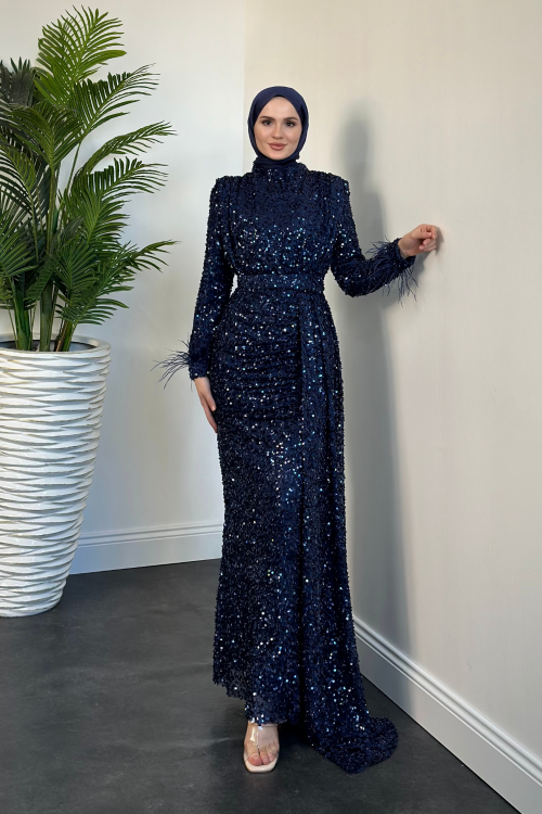 Jalen Yanı Pelerinli Payetli Balık Abiye Lacivert