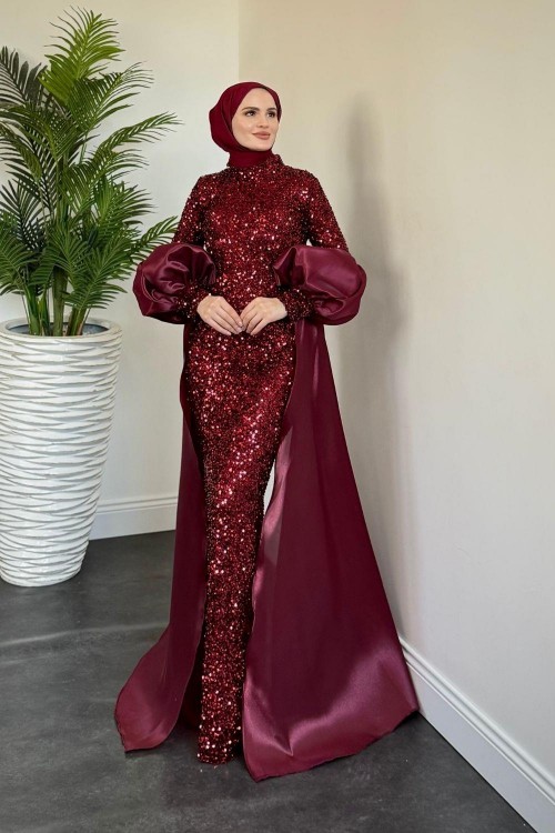 Jamie Kolları Seyyar Pelerinli Balon Kol Abiye Bordo