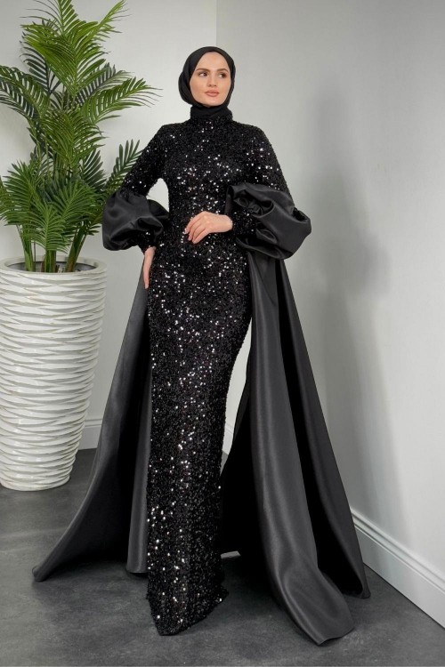 Jamie Kolları Seyyar Pelerinli Balon Kol Abiye Siyah