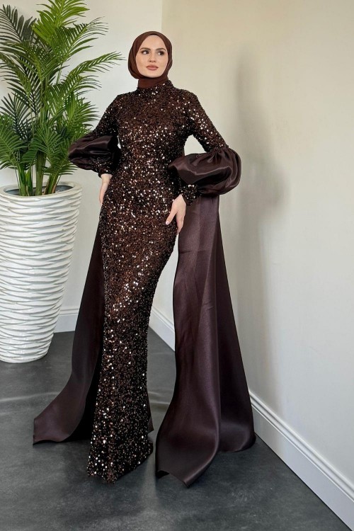 Jamie Kolları Seyyar Pelerinli Balon Kol Abiye Kahverengi