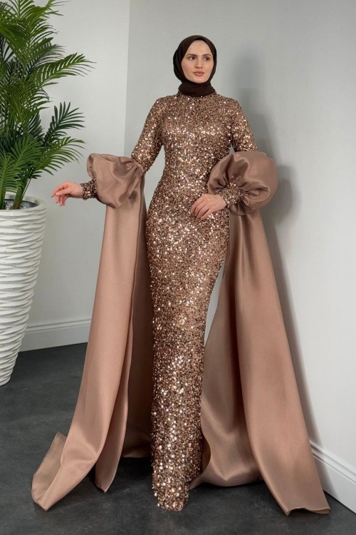 Jamie Kolları Seyyar Pelerinli Balon Kol Abiye Bakır