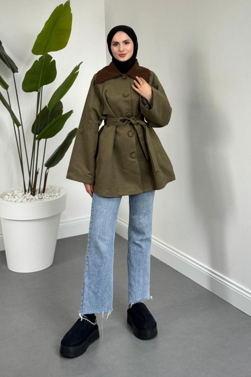 Jany Düğmeli Kuşaklı Kaban Haki