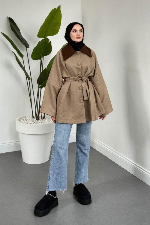 Jany Düğmeli Kuşaklı Kaban Vizon