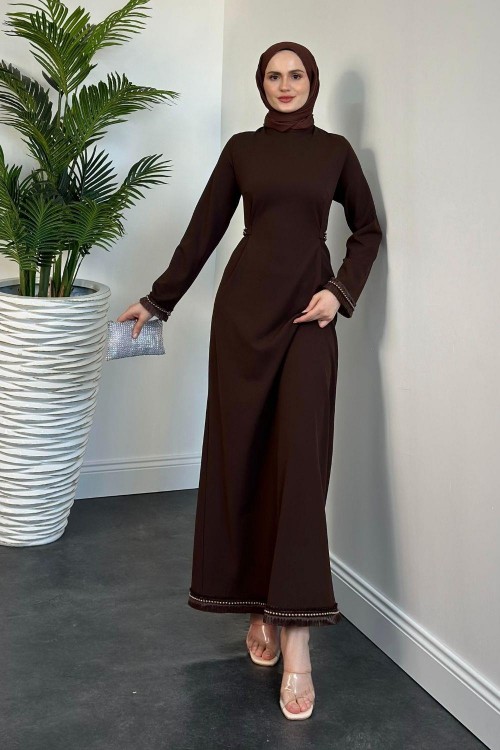 Jawel Etek Kemer ve Kol Ucu İnci Zımbalı Abiye Kahverengi 