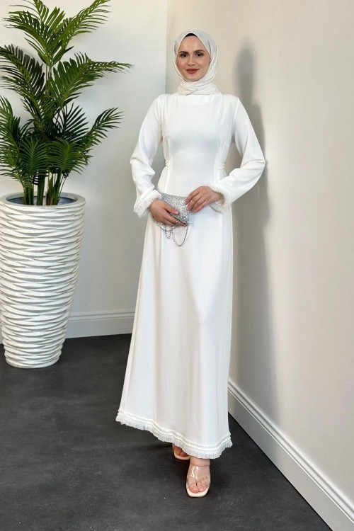 Jawel Etek Kemer ve Kol Ucu İnci Zımbalı Abiye Beyaz