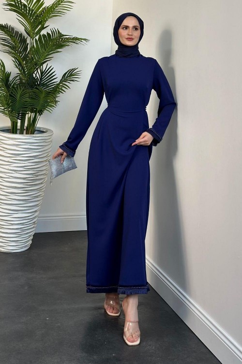 Jawel Etek Kemer ve Kol Ucu İnci Zımbalı Abiye Lacivert