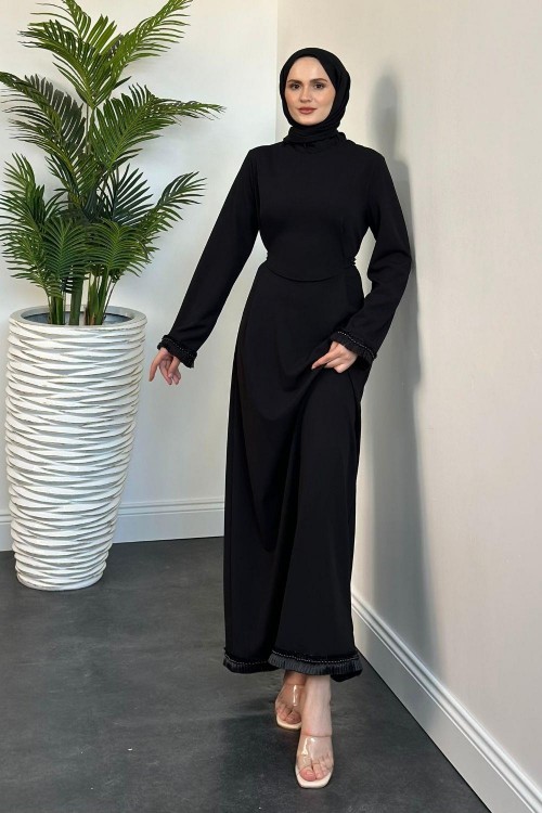 Jawel Etek Kemer ve Kol Ucu İnci Zımbalı Abiye Siyah