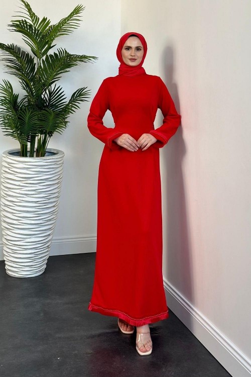Jawel Etek Kemer ve Kol Ucu İnci Zımbalı Abiye Kırmızı
