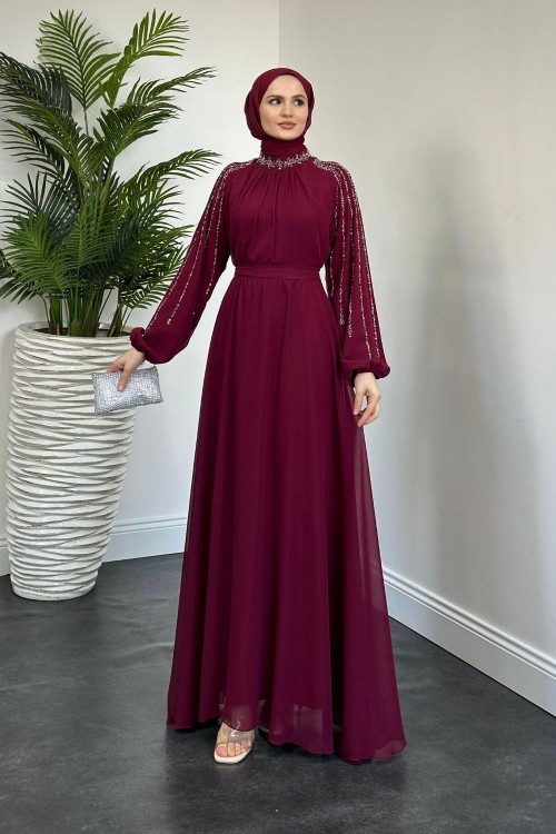 Jayla Kolları Taşlı Abiye Bordo