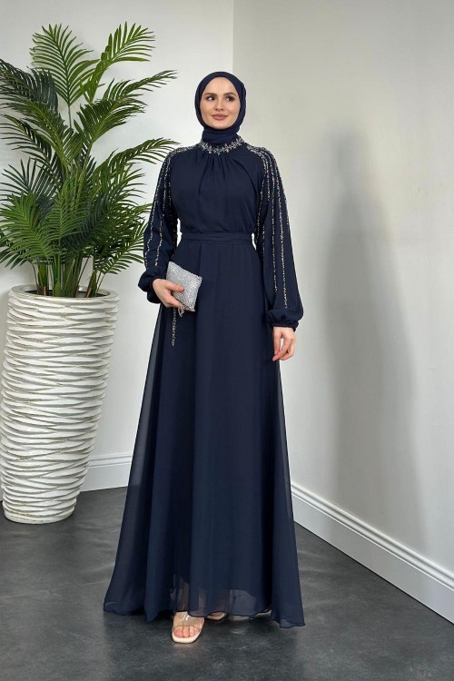Jayla Kolları Taşlı Abiye Lacivert