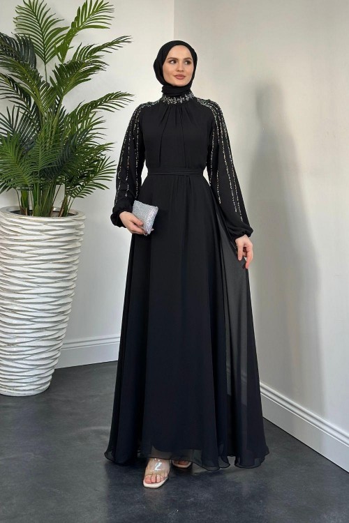 Jayla Kolları Taşlı Abiye Siyah