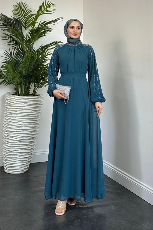 Jayla Kolları Taşlı Abiye Turkuaz