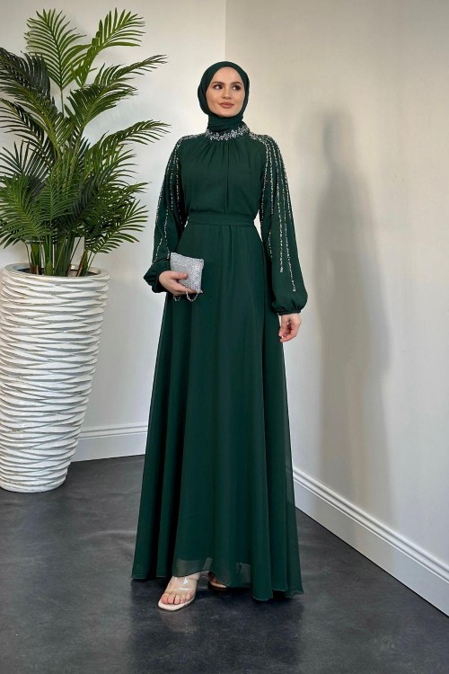 Jayla Kolları Taşlı Abiye Zümrüt