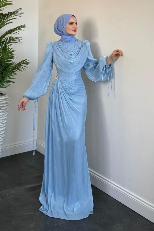 Jenika Omzu Ve Beli Taşlı Abiye Bebe Mavisi