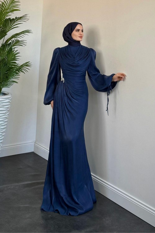 Jenika Omzu Ve Beli Taşlı Abiye Lacivert